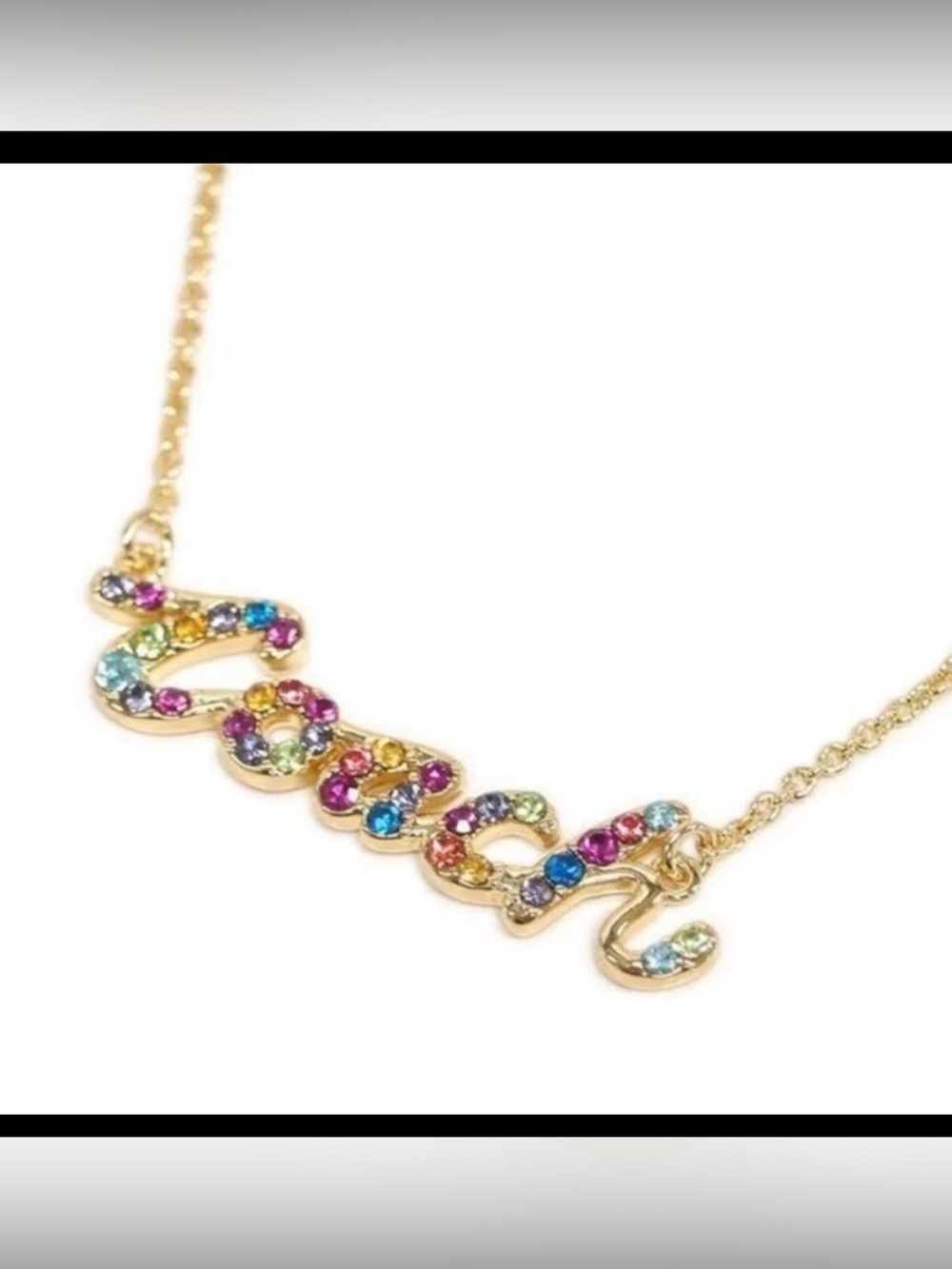 Coach Multicolor Rainbow Signature Script Gold Tone Glass Rhinestone Necklace - Picture 1 of 5